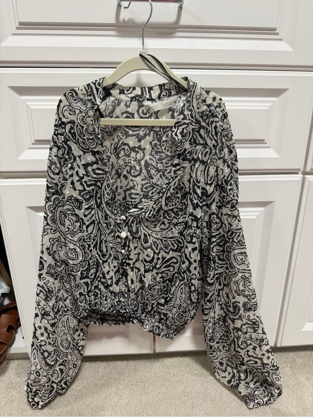 Zara Sheer Black & White Paisley Button-Front Blouse